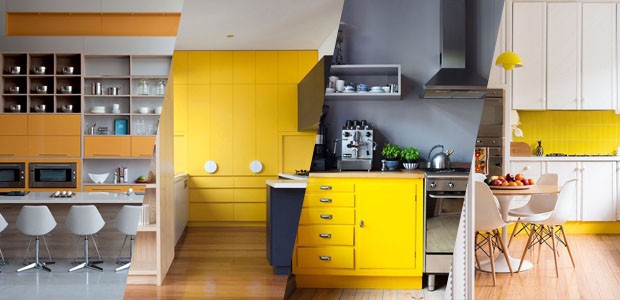 Cozinha Vibrante com Piso em Tons de Azul e Amarelo - ideia