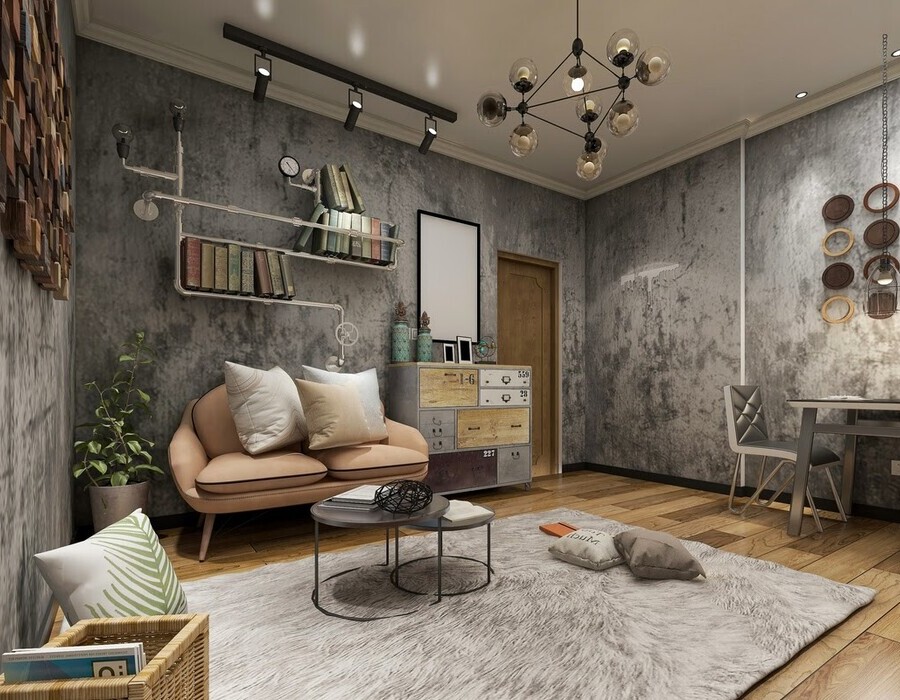 Toque Industrial: Sala de Estar Simples com Detalhes em Metal e Cimento Queimado - ideia