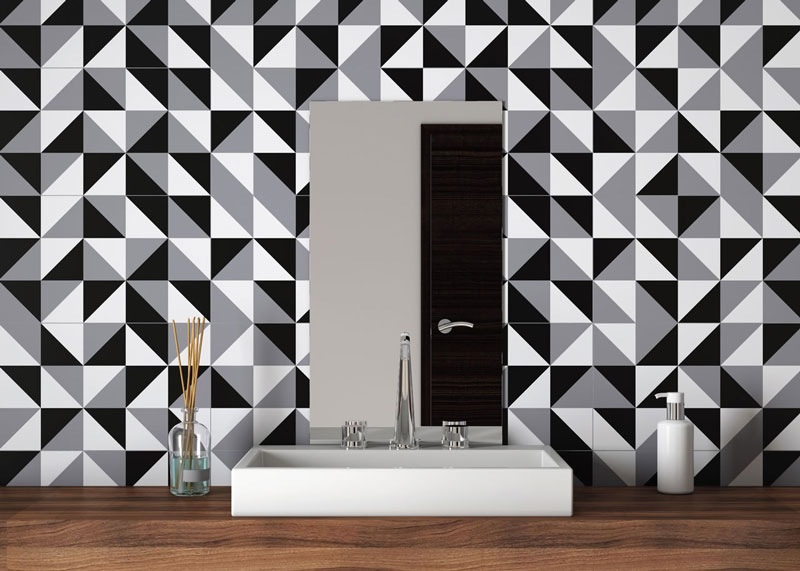 Piso de Cozinha com Detalhes Geométricos em Preto e Branco - detalhe