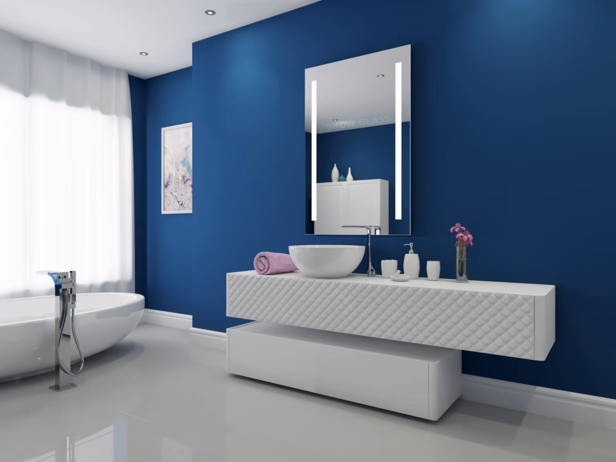 Espelho Suspense com Iluminação Indireta Azul: Ambiente Relaxante e Moderno! - inspiração