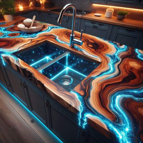 Cozinha Iluminada com Piso de Resina Epóxi Autonivelante - detalhe