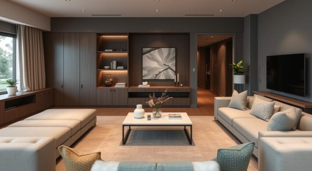 Contraste Marcante: Sala Neutra com Sofá de Couro Preto - detalhe