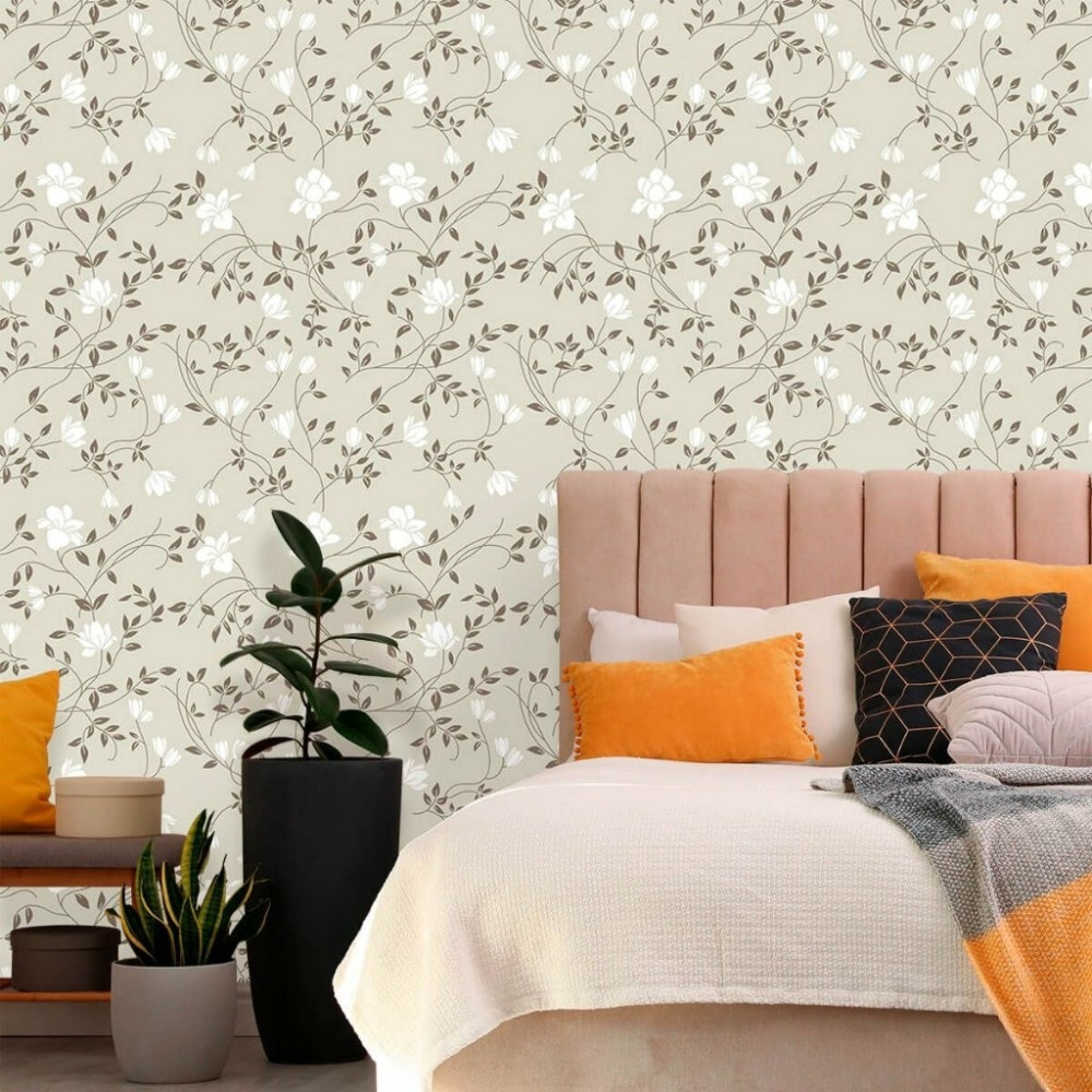 Delicadeza Floral: Papel de Parede com Estampa Suave em Tons Neutros - ideia