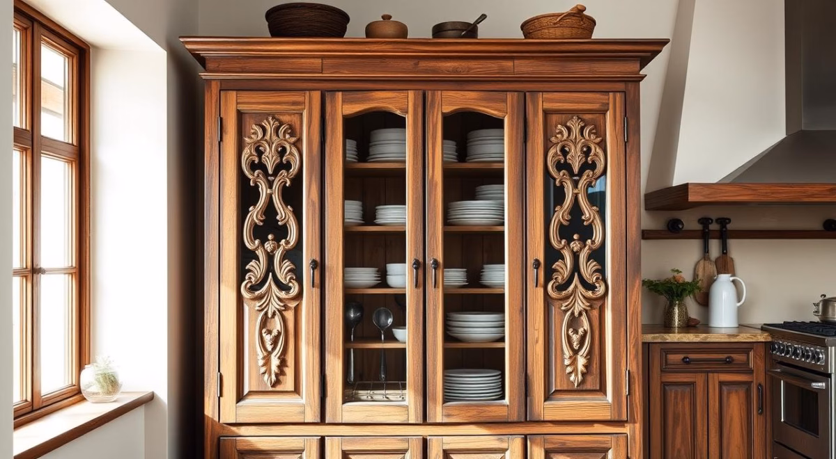 Armário de Cozinha de Madeira com Estilo Provençal: Elegância e Sofisticação com Toque Campestre - detalhe