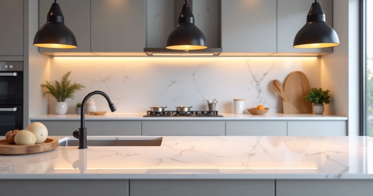 Bancada de Quartzo Integrada à Sala: Ampliação e Conectividade - inspiração