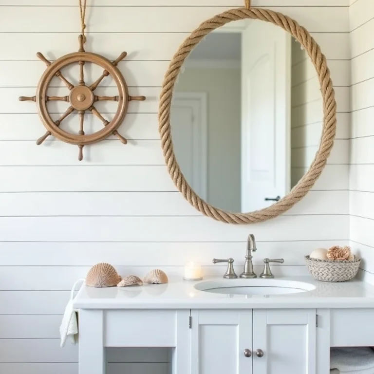 Banheiro Pequeno Decorado com Prateleiras de Corda Náutica: Estilo Náutico Criativo - inspiração
