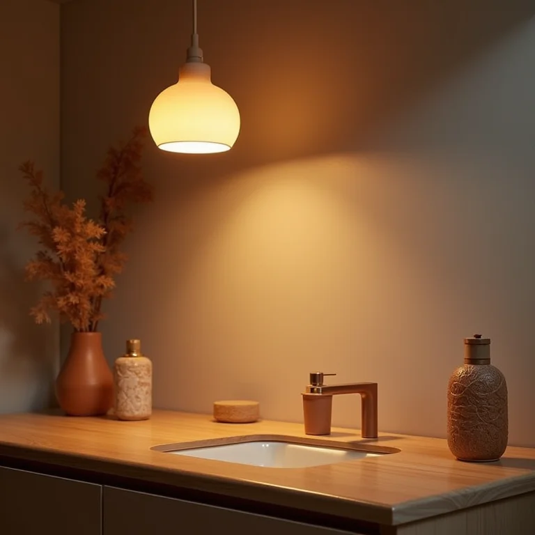 Banheiro Rústico com Iluminação Amarelada e Aconchegante: Relaxamento Garantido - ideia