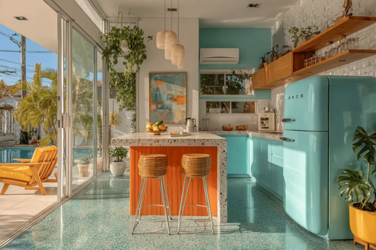 Bancada de Quartzo Creme e Banquetas Turquesa: Elegância Leve - ideia