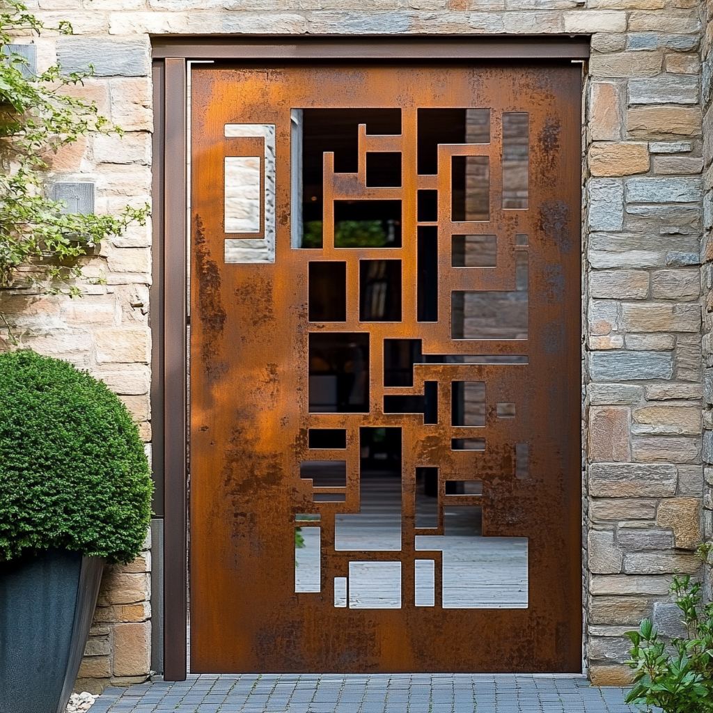 Portão Desempenado com Acabamento em Aço Corten: Visual Industrial Sofisticado - ideia