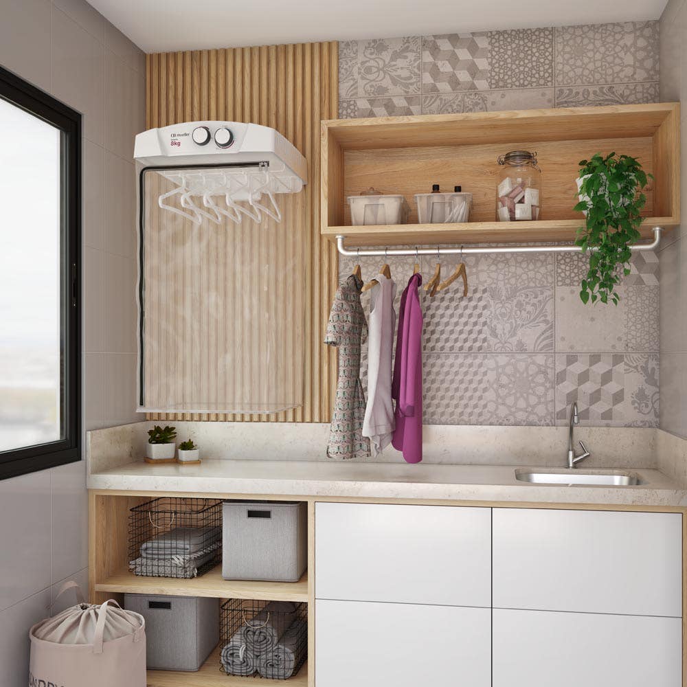 Lavanderia Compacta com Toque Industrial e Tubulação Aparente - ideia