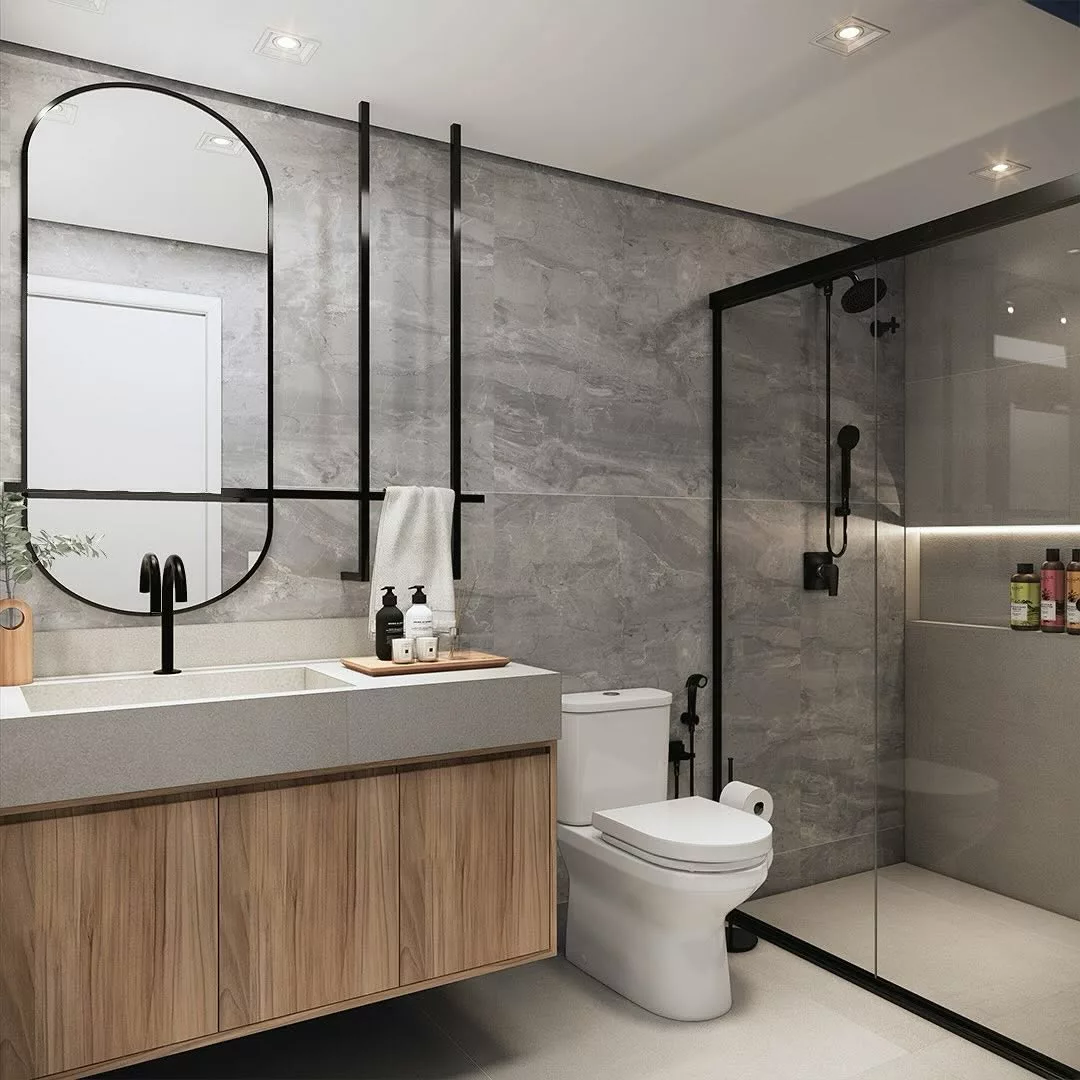 Banheiro Cinza com Iluminação Estratégica: Destaque e Conforto Visual - ideia