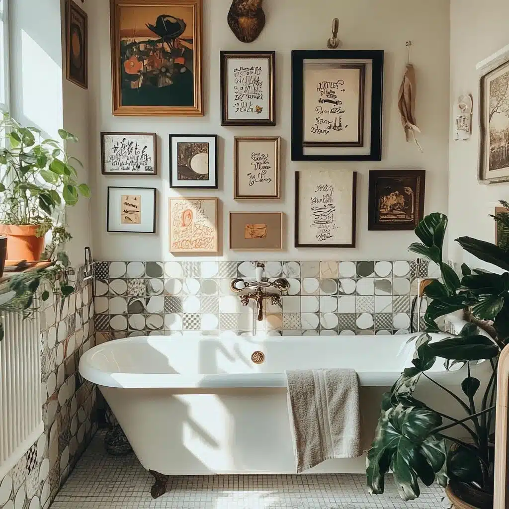 Banheiro Criativo com Quadros Divertidos e Objetos Reciclados - inspiração