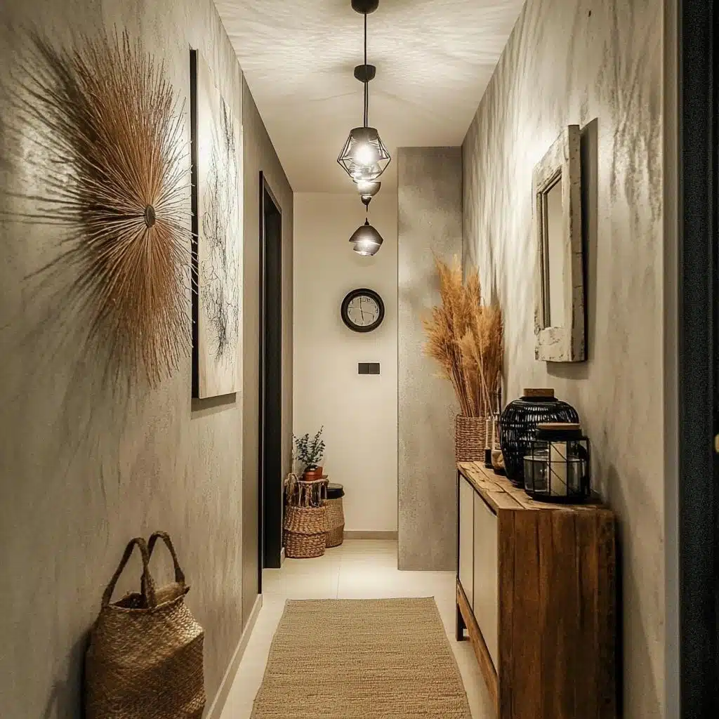 Corredor Industrial com Tubulações Expostas e Iluminação Pendente - ideia