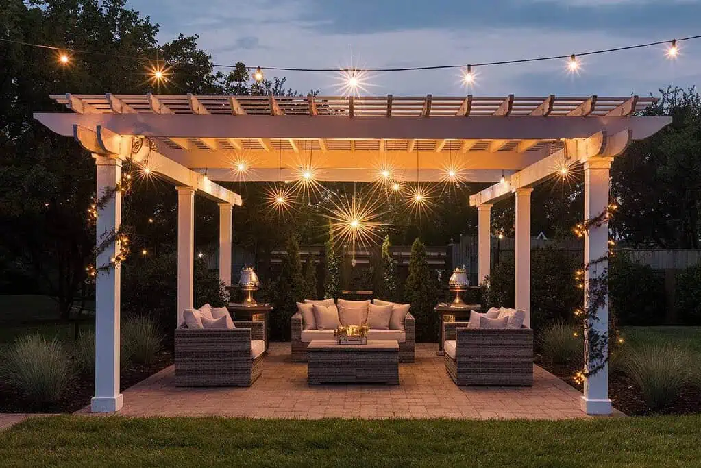 Pergolado Iluminado: Charme Noturno com Luzes e Plantas - ideia