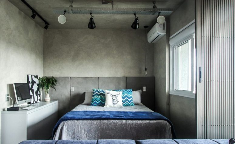 Quarto com Decoração Industrial e Toques de Concreto Aparente - ideia