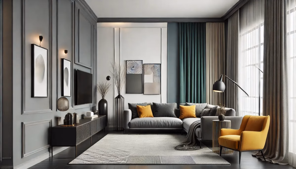 Sala de Estar Moderna com Detalhes em Cobre e Cinza - ideia