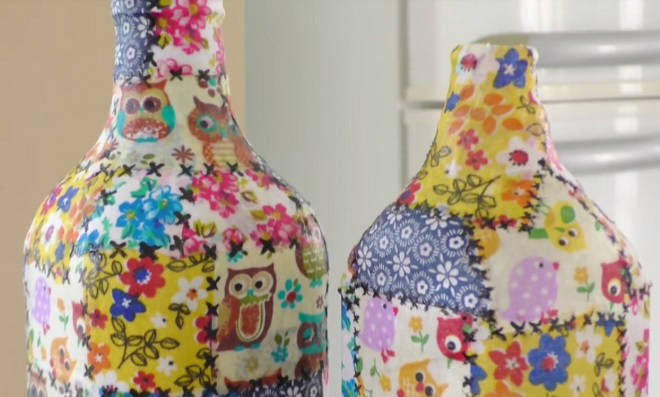 Garrafas Decoradas com Tecido: Patchwork e Elegância - ideia