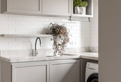 Minimalismo Funcional: Lavanderia Clean com Detalhes em Cinza e Branco - detalhe
