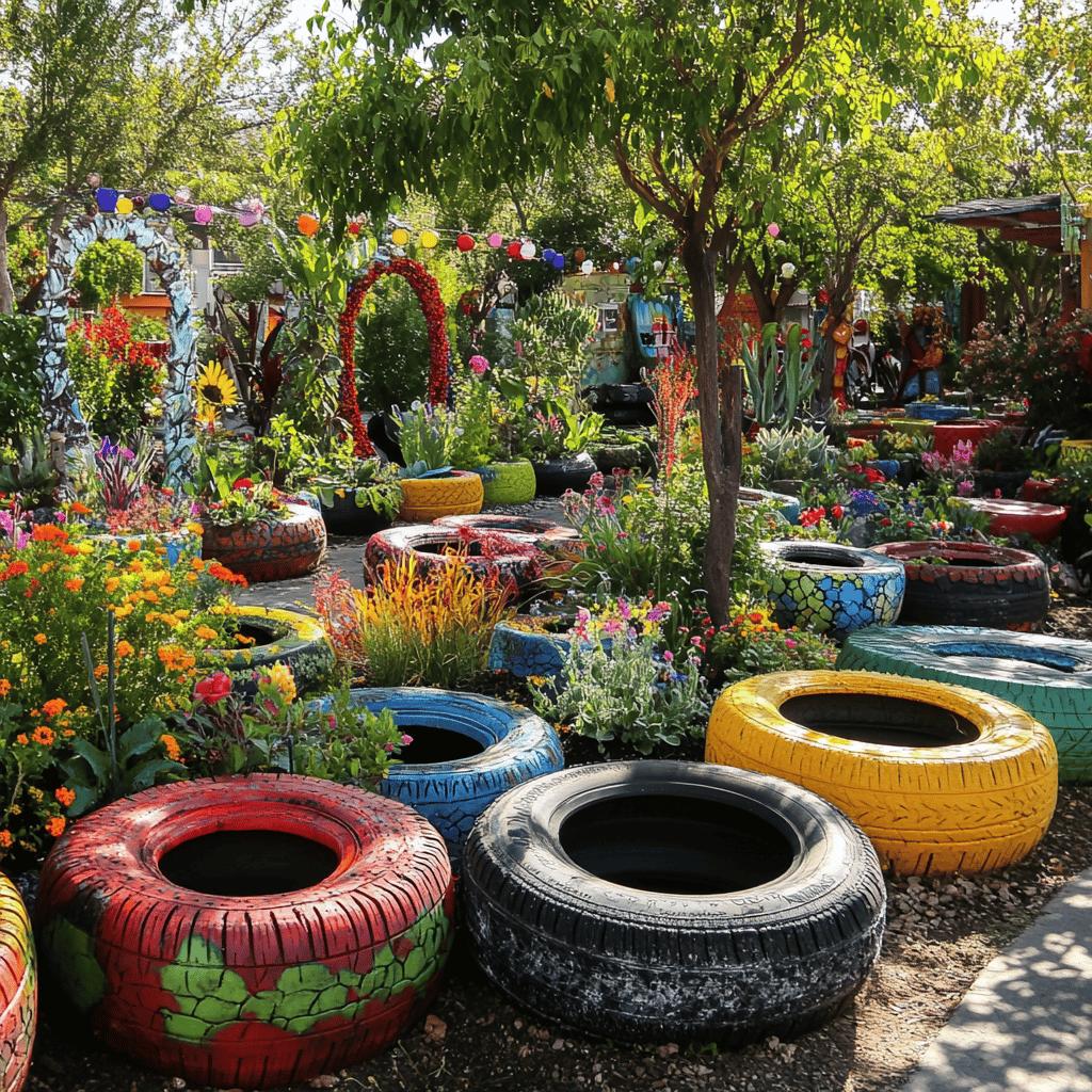 Jardim com Pneus e a Magia das Cores Vibrantes - ideia