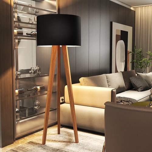 Luminária de Piso Tripé em Madeira Clara: Elegância Minimalista - ideia