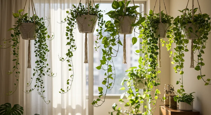 Prateleiras Flutuantes com Folhagens Pendentes: Cascata verde sobre a bancada - ideia