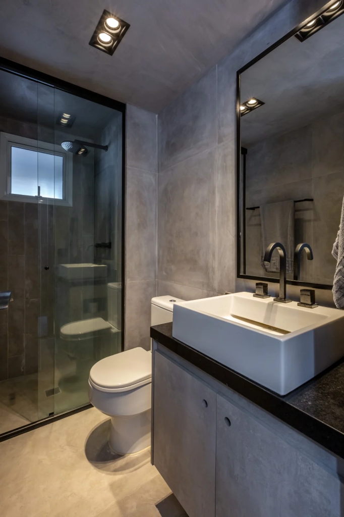 Porcelanato Cimentício: Estilo Industrial e Minimalista no Seu Banheiro - detalhe