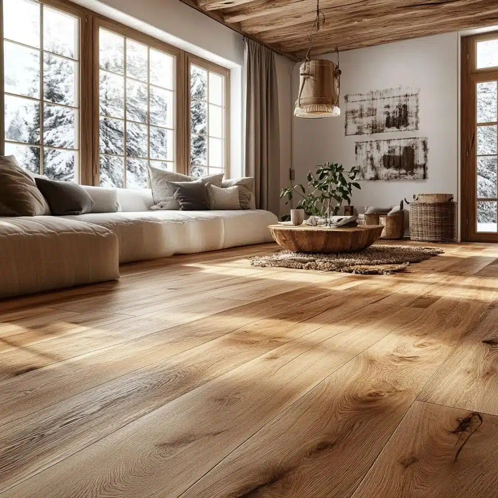 Piso de Madeira com Acabamento Envernizado e Lareira: Aconchego e Charme Clássico - detalhe