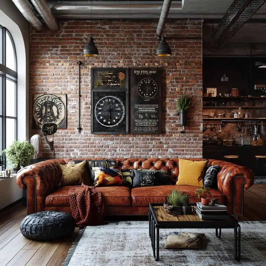 Aconchegante com Sofá de Couro Envelhecido e Tapete Geométrico - inspiração