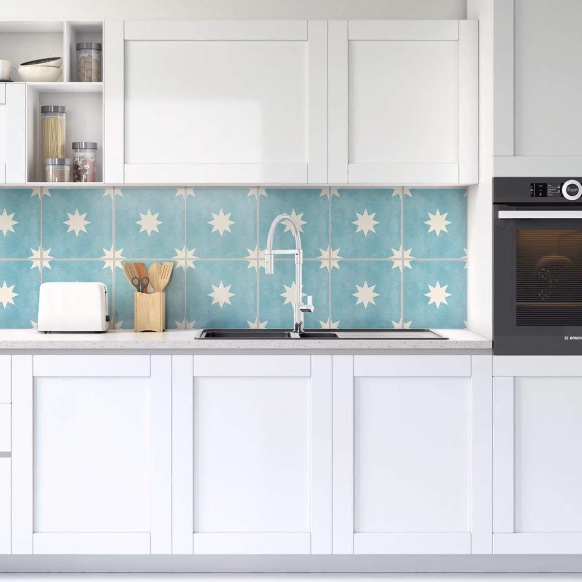 Backsplash de Azulejos Geométricos Azul e Branco - inspiração