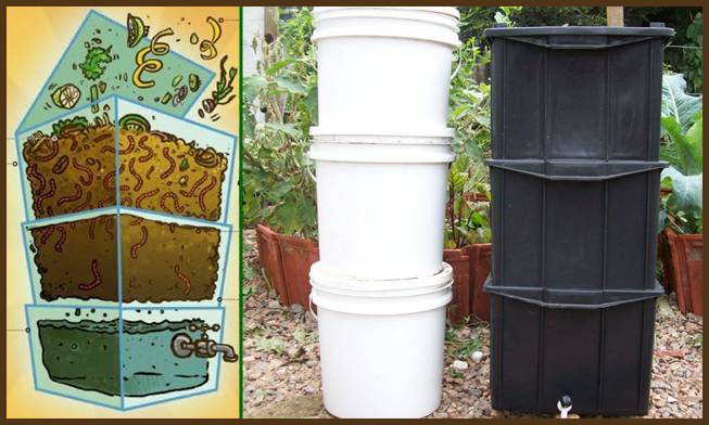 Composteira Vertical com Vasos de Plantas Integrados - ideia