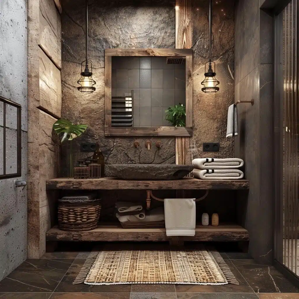 Banheiro Rústico com Texturas Naturais e Artesanais - ideia