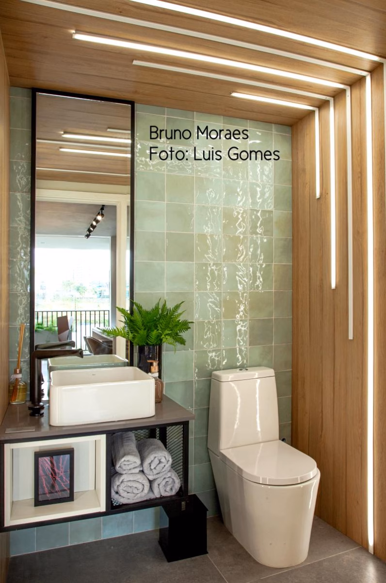 Porcelanato que abraça a Natureza: Detalhes em verde e madeira - ideia