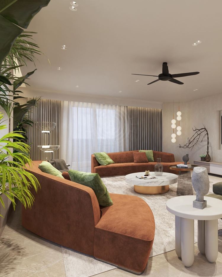 Sala de Estar Moderna com Detalhes em Cobre e Cinza - inspiração