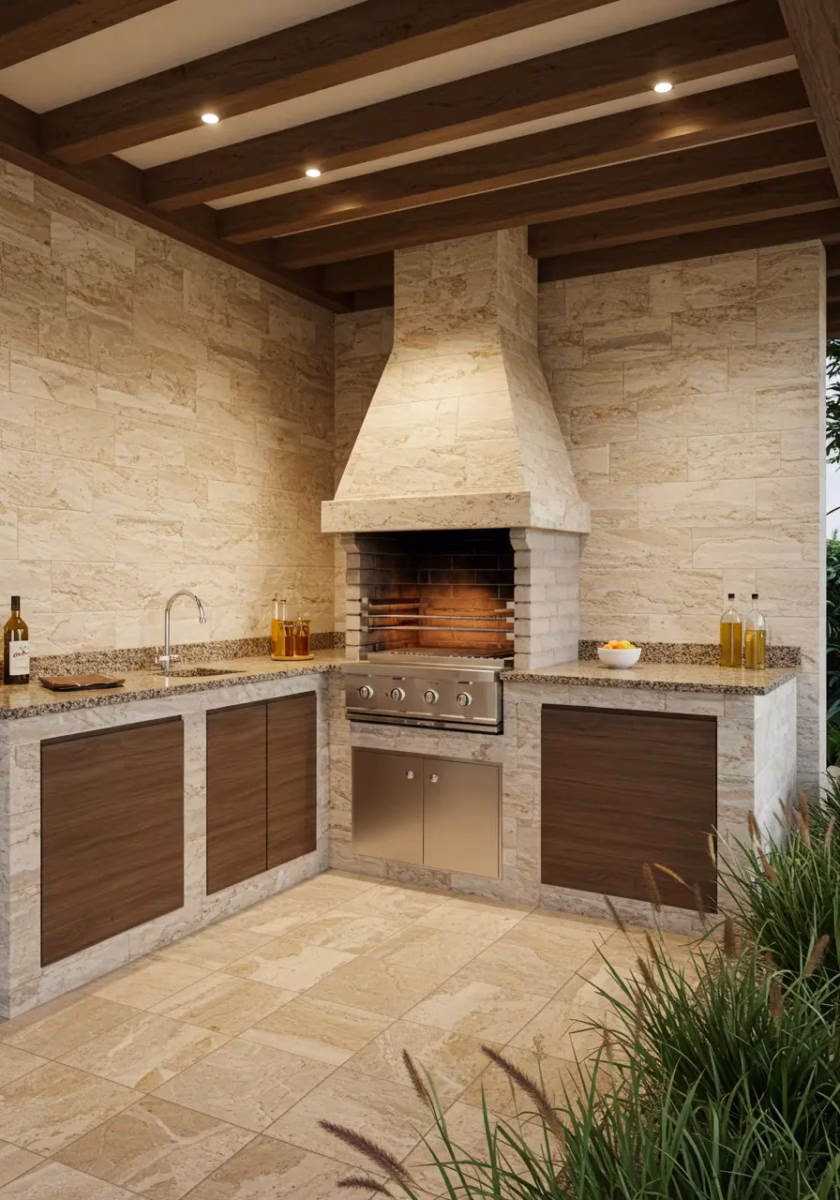 Áreas Gourmet com Churrasqueira Revestida em Granito Flameado: Rusticidade e Charme - detalhe