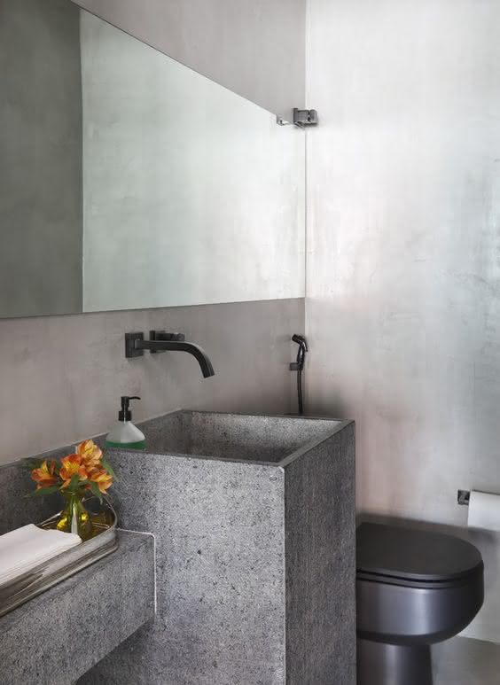 Lavabo Moderno com Cuba Esculpida em Granito Cinza - detalhe