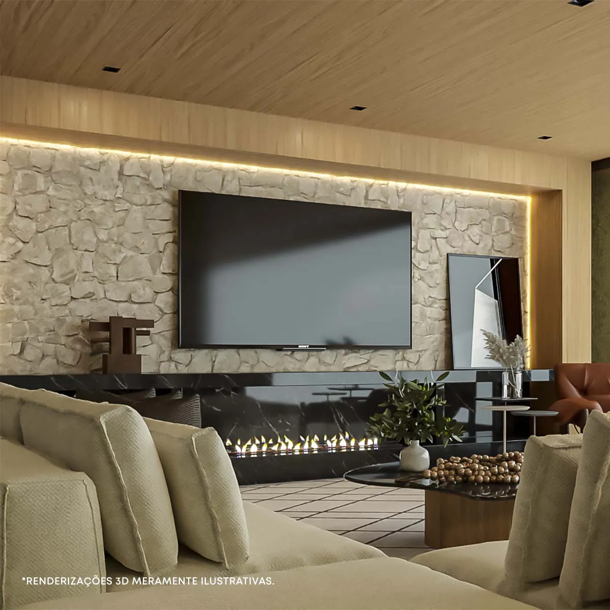 Sala de Estar com Lareira Ecológica e Detalhes em Cobre - ideia