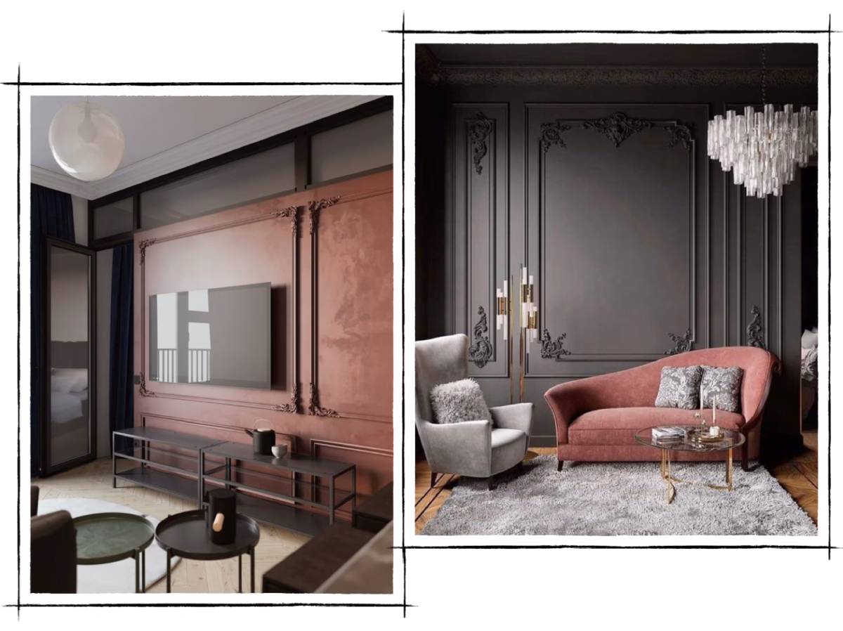 Cimento Queimado com Boiseries: Sofisticação e Contraste em Ambientes Clássicos - detalhe