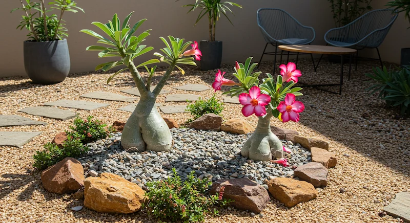 Explosão de Cores: Rosas do Deserto em Canteiros Elevados com Seixos Brancos - detalhe