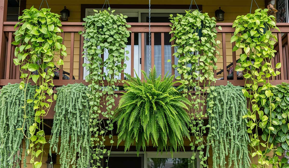 Cantinho Verde Aconchegante: Plantas Pendentes Iluminadas com Luzes de Fada - detalhe