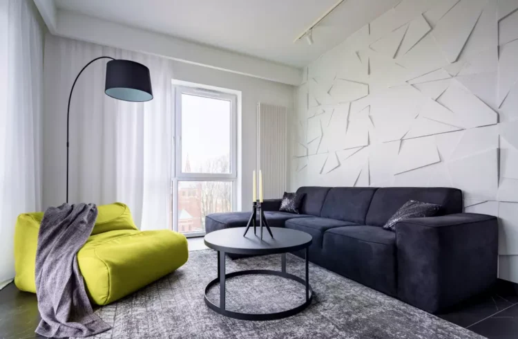 Modernidade 3D: Sala com Painéis Tridimensionais e Design Arrojado - inspiração