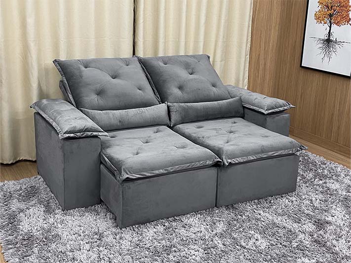 Minimalismo Chic: Sofá Retrátil e Reclinável Cinza com Detalhes em Metal - detalhe