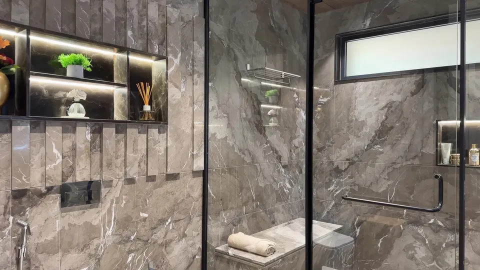 Banho de Luxo: Grandes Formatos e Acabamentos Sofisticados - ideia