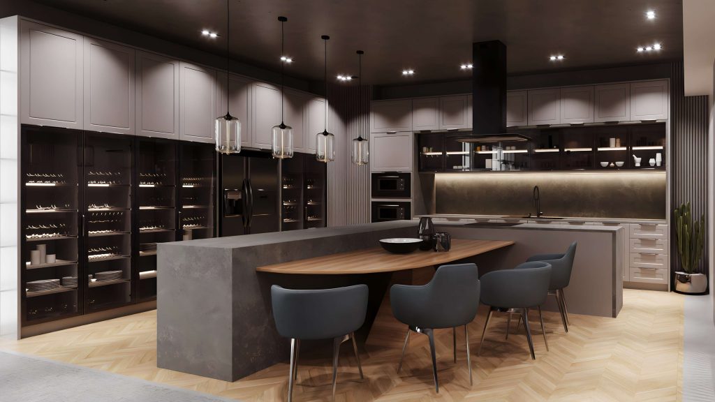 Ilha Gourmet com Coifa Suspensa e Iluminação Direcionada - ideia