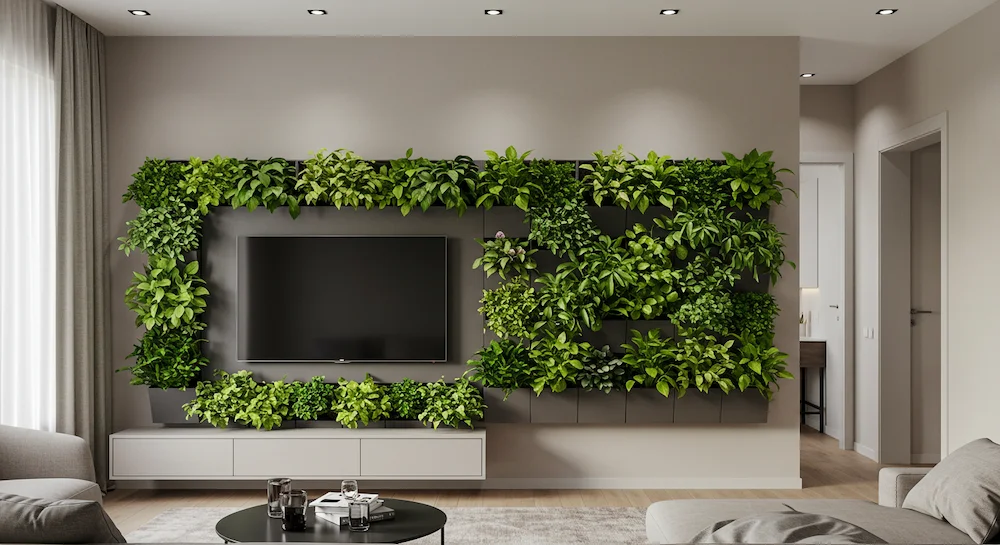 Refúgio Verde: Sala de TV com Jardim Vertical e Plantas Suspensas - inspiração