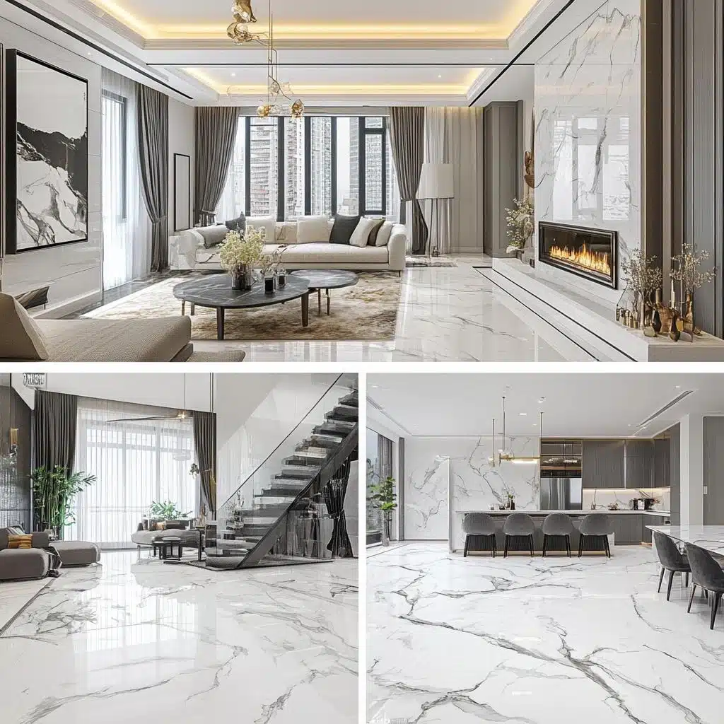 Sala de Estar Refinada: Mármore Branco e Texturas Naturais para Aconchego - ideia