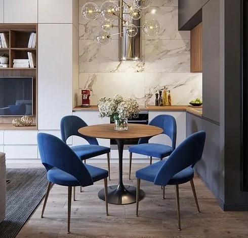 Mesa Redonda com Base de Metal e Cadeiras Coloridas: Design Vibrante e Aconchegante - detalhe