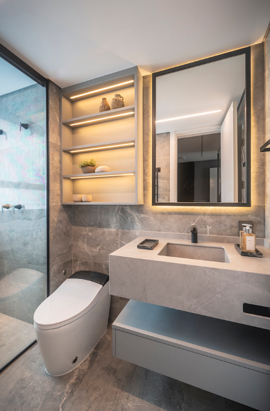 Piso de Banheiro Cinza e Minimalista: Praticidade e Estilo! - ideia