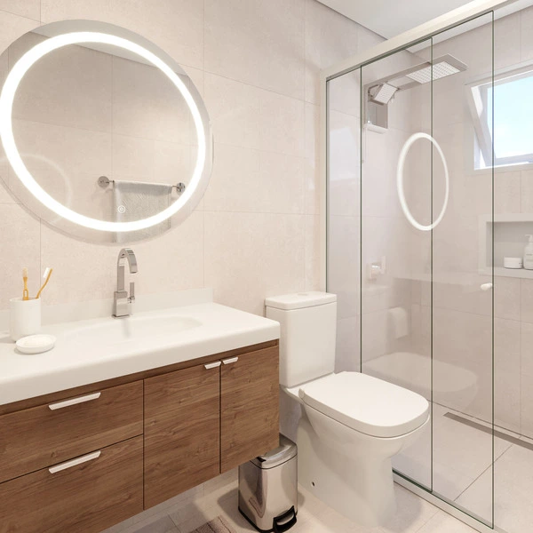 Modernidade Aconchegante com Cimento Queimado e Espelho Grande - ideia