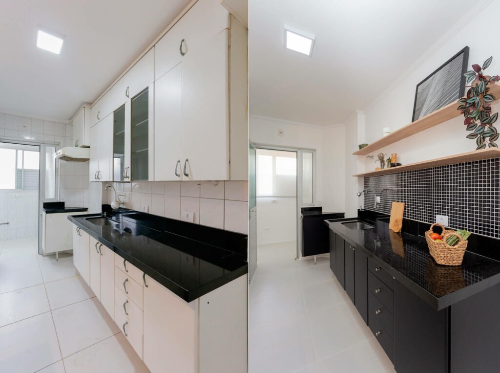 Modernidade Acessível: Cozinha com Revestimento Adesivo e Iluminação LED - detalhe