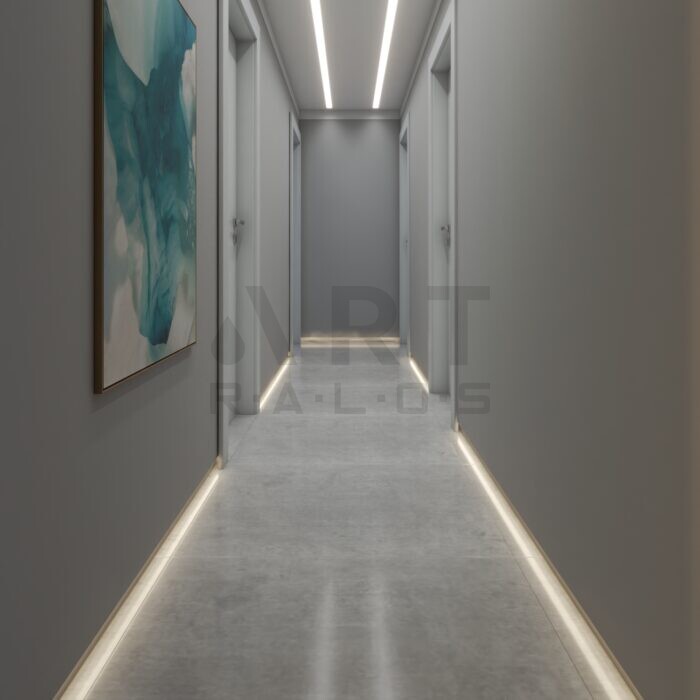 Rodapé Invertido com Detalhe Metálico: Elegância Suspensa - ideia